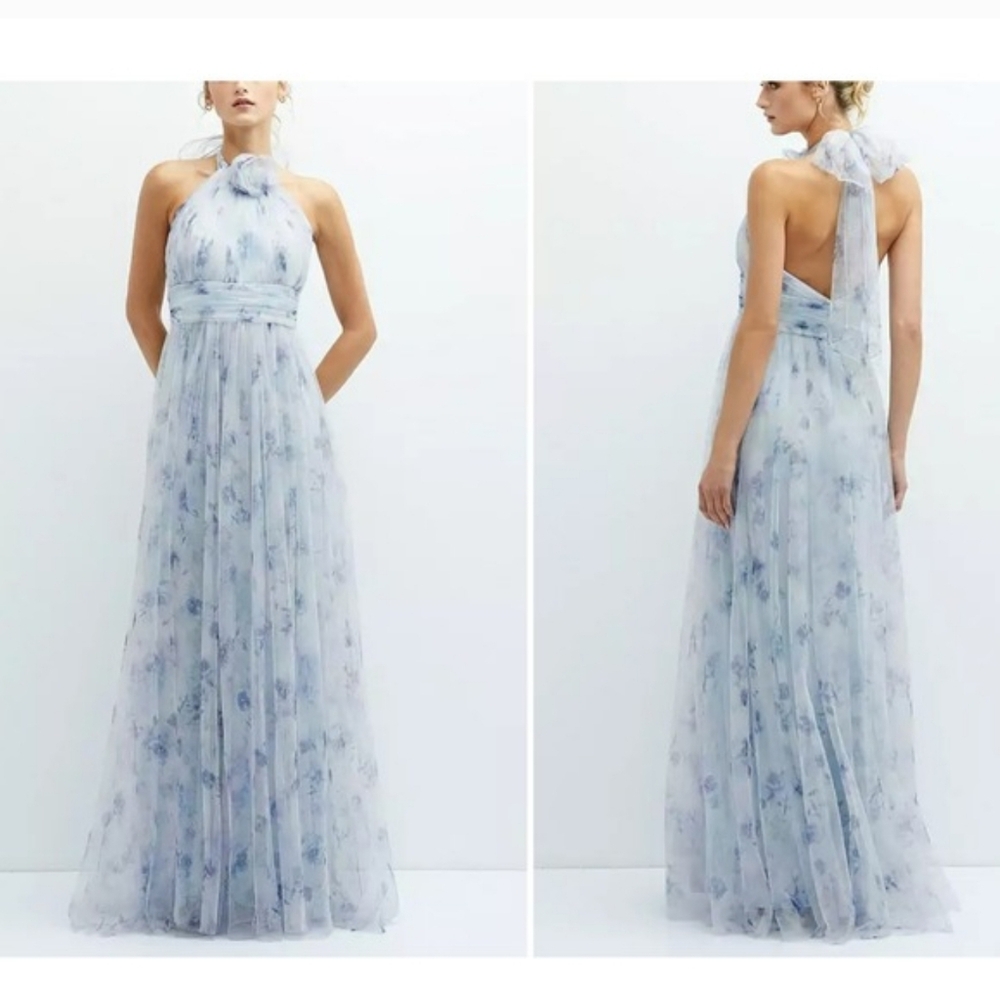 NWT Floral Tie-Back Halter Tulle Dress Long Full Skirt Mist Garden Plus Size 18